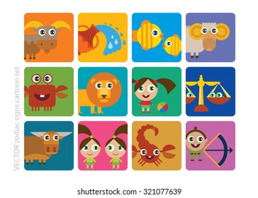 Zodiac signs - cartoon set (horoscope icons, astrological symbols) - Aries, Pisces, Capricorn, Virgo, Scorpio, Leo, Libra, Taurus, Cancer. Cartoon characters.