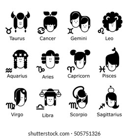 Zodiac signs cartoon vector illustration.
Glyphs  girls Characters  for infographics.
