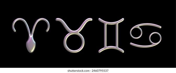 Zodiac signs Chrome metallic round icons set astrology symbols for horoscope template. Glossy metal zodiac buttons isolated on black background. Aries. Taurus. Gemini. Cancer. 3D vector illustration.
