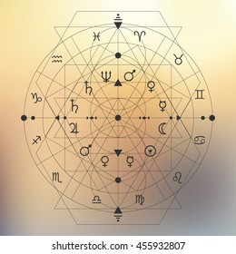 zodiac signs in circle decorated with thin lines triangles in bohemian style on blurry bokeh pastel background / vector illustration