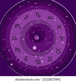 Zodiac signs. Zodiac circle with zodiac signs on a dark violet starry background. Zodiac signs inside of horoscope circle. Astrology and horoscopes concept. Vector illustartion.