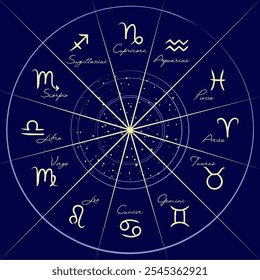 Zodiac signs. Zodiac circle with zodiac signs on dark blue background. Zodiac signs inside horoscope circle. Astrology and horoscopes concept. Vector illustration.