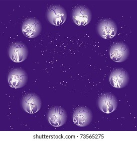 Zodiac signs in circle over star sky. Vector illustration.