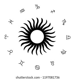 Zodiac signs in a circle, with sun as the center, isolated on white background