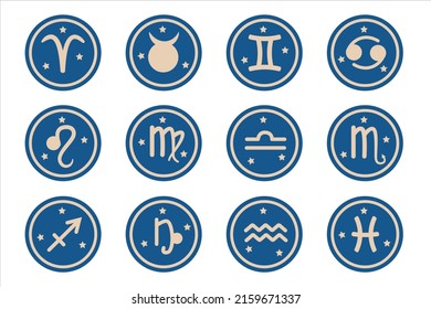 Zodiac signs in circles with stars in flat style. Vector image.