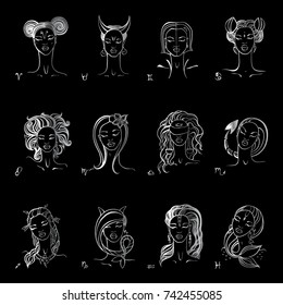 Zodiac signs collection. Beautiful fashion zodiac girl. Horoscope series. Ink hand drawn Vector illustration