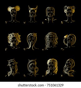 Zodiac signs collection. Beautiful fashion zodiac girl. Horoscope series. Ink hand drawn Vector illustration
