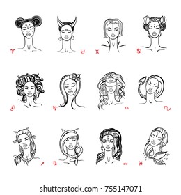 Zodiac signs collection. Beautiful fashion zodiac girl. Horoscope series. Ink hand drawn Vector illustration