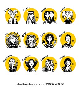 Zodiac signs Collection comic faces and characters of people in style of doodles for avatar in yellow circle