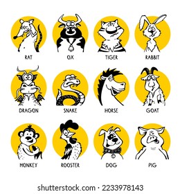 Zodiac signs Collection comic faces and characters of people in style of doodles for avatar in yellow circle