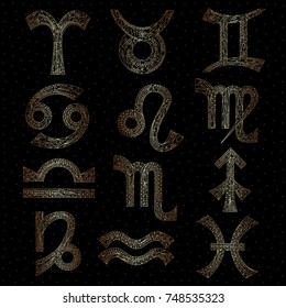 Zodiac signs collection. Horoscope golden series. Hand drawn magic symbols. Astrological set vector illustration.