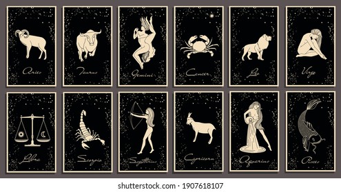 Zodiac signs collection. Mystical, esoteric symbols of astrology. Gold illustrations of women, animals. Mysterious images in the starry sky. Characters on the cards.