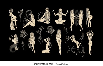 Zodiac signs collection. Mystical silhouettes. Astrological symbols. Illustrations of women. Mysterious images in the starry sky. Mythical characters. The element of the signs of the zodiac. 