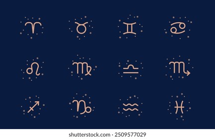 Colección de signos del zodiaco sobre fondo oscuro. Horóscopo, astrología