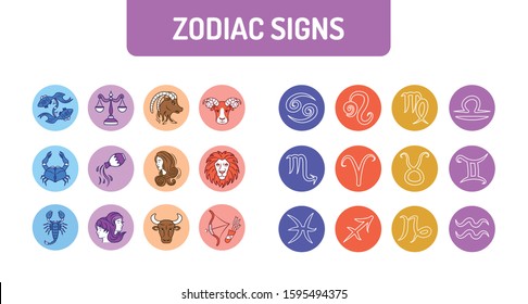 Zodiac signs color line icons set. Astrology. Horoscope. All zodiac signs and elements. Predictions and human character. UI UX GUI design element. Editable stroke.