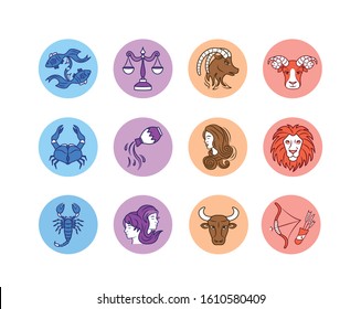 Zodiac signs color line icons set. Astrology. Horoscope. All zodiac signs and elements. Predictions and human character. UI UX GUI design element. Editable stroke.