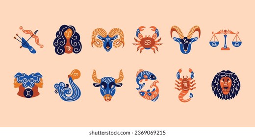 Zodiac signs color set. Astrology. Horoscope. All zodiac signs and elements. Predictions and human character