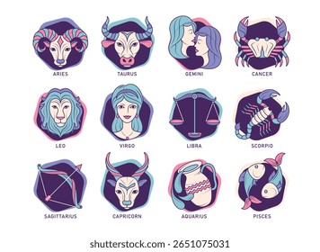 Símbolos do zodíaco conjunto de clipart horóscopo colorido. Zodíaco multicolor astrologia símbolo clip art desenho de 12 meses de nascimento pictograma ícone coleção ilustração vetorial. 
