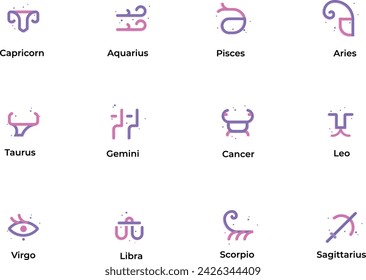 Zodiac signs colorful and linear icons
