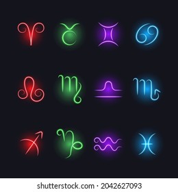 Zodiac signs, colorful neon icons, vector illustration.