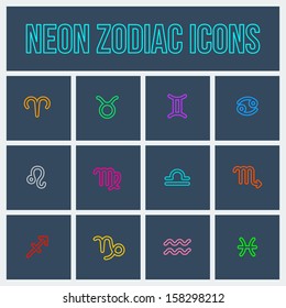 Zodiac signs in colorful neon style, on dark-blue background.
