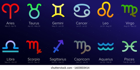 Zodiac signs colorful set isolated on dark starry night sky. Astrological calendar collection, horoscope constellation vector illustration.