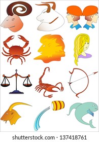 zodiac signs (zodiac - colorful vector, set of zodiac signs buttons, stylized icons of zodiac signs, set of horoscope symbols, astrology symbols set)
