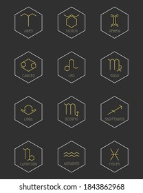Zodiac signs concept, astrology, horoscope. Vector set of abstract geometric pictograms, linear yellow icons, on a dark gray background.