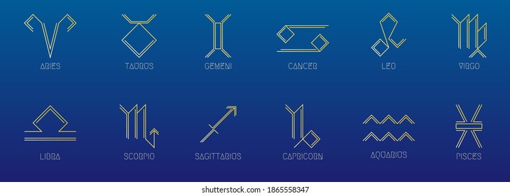 Zodiac signs concept, astrology, horoscope. Vector set of abstract geometric pictograms, linear yellow icons, on a dark blue background.