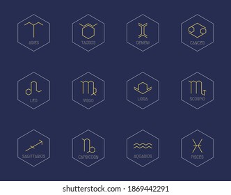 Zodiac signs concept, astrology, horoscope. Vector set of abstract geometric pictograms, linear yellow icons, on a dark blue background.