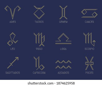 Zodiac signs concept, astrology, horoscope. Vector set of abstract geometric pictograms, linear yellow icons, on a dark blue background.