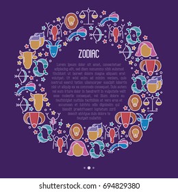 Zodiac signs concept in circle with thin line icons for banner with horoscope, web site or background. Vector illustration.