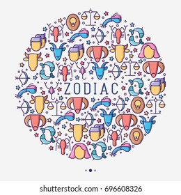 Zodiac signs concept in circle with thin line icons for banner with horoscope, web site or background. Vector illustration.