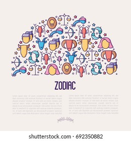 Zodiac signs concept in half circle with thin line icons for banner with horoscope, web site or background. Vector illustration.