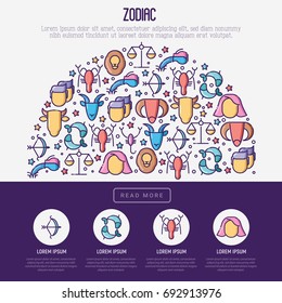 Zodiac signs concept in half circle with thin line icons for banner with horoscope, web site or background. Vector illustration.