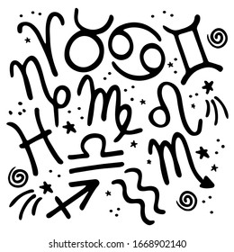 Zodiac signs concept with hand drawn elements. Banner, poster, card with horoscope signs