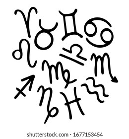 Zodiac signs concept with hand drawn elements. Banner, poster, card with horoscope signs