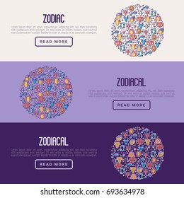 Zodiac signs concept with thin line icons for banner with horoscope, web site or background. Vector illustration.