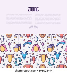 Zodiac signs concept with thin line icons for banner with horoscope, web site or background. Vector illustration.