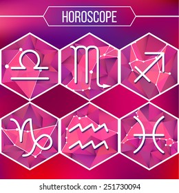 Zodiac signs and constellation into hexagonal frames on low poly background. Variation 2.