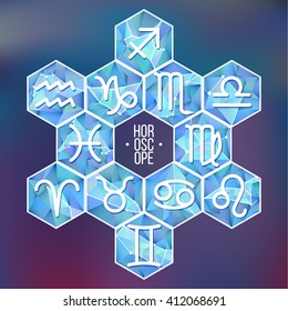 Zodiac signs and constellation into hexagonal frames on low poly background