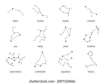 Zodiac signs constellations. Astrological horoscope stars structures. Sky augury symbol. Taurus and Aquarius. Pisces or Virgo line astrological icons. Vector starry