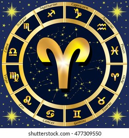Zodiac Signs, Zodiac constellations. In the center of the sign of Aries. Vector illustration.