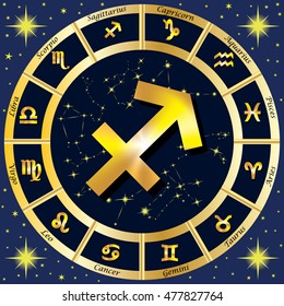 Zodiac Signs, Zodiac constellations. In the center of the sign of Sagittarius. Vector illustration.