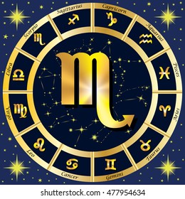 Zodiac Signs, Zodiac constellations. In the center of the sign of Scorpio. Vector illustration.