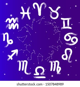 Zodiac signs constellations illustration. Cosmic background. Zodiac constellations. Space and stars.