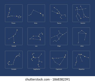 Zodiac signs constellations isolated. Vector stock illustration. Zodiac signs set, Pisces, Aries, Taurus, Gemini, Cancer, Leo, Virgo, Libra, Scorpio, Sagittarius, Capricorn, Aquarius. vector set