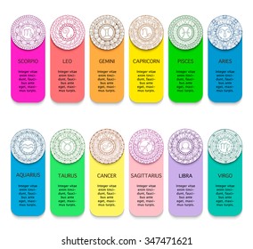 Zodiac signs and constellations in mandala with ethnic pattern. Set of black and white icons. Horoscopes and zodiacal infographics template. 