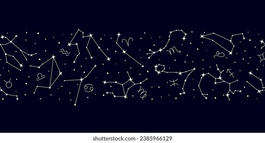 Zodiac firma constelaciones en el mapa del cielo nocturno de fondo. Cielo estrellado, estrellas brillantes patrón sin fisuras. Previsión astrológica, signos horoscópicos, ilustración vectorial de impresión repetida mágica