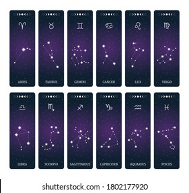 Zodiac signs with constellations on outer space background. Mystery and esoteric. Horoscope vector illustration. Spiritual tarot poster. Magic occult tarot and astrology cards.
